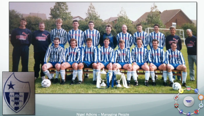 Early talent:: Sunday League side, Renbad Rovers, pictured after winning Division 1 and the Cup in the same season. It was Adkins's (back row far left) first venture into football management