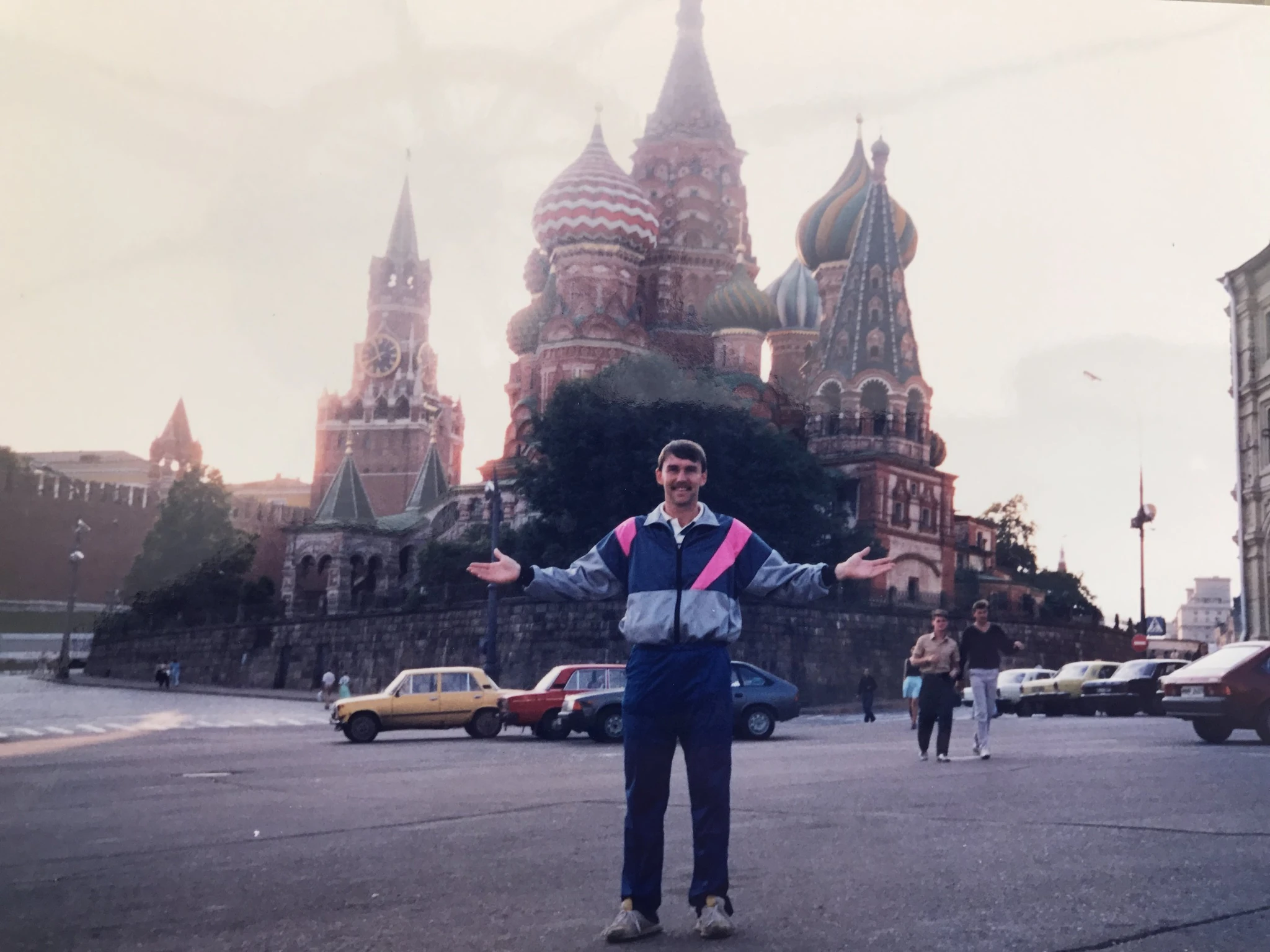 Taking in the culture and famous landmark St.Basil's Cathedral, Red Square, in Moscow, Russia, 1990 on tour with Wigan Athletic. Club tracksuit was in style back then !
