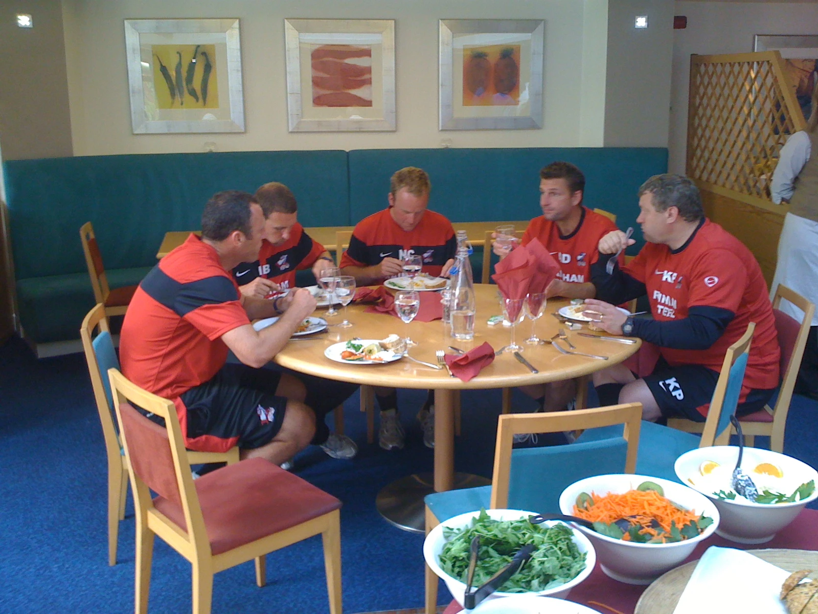 Collaboration - Assistant Manager Andy Crosby, Coach Ian Baraclough, Kitman Nick Crawford, Physiotherapsit Alex Dalton and Goalkeeping Coach Kevin Pressman. Fantastic togetherness and spirit.&nbsp;Eating together during Scunthorpe United pre-season training camp for the Championship Season, July 2010,&nbsp;Champney Springs,&nbsp;Leicestershire.&nbsp;